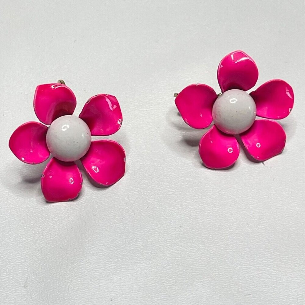 Vtg Flower Enamel Pink Clip On Earrings White Big